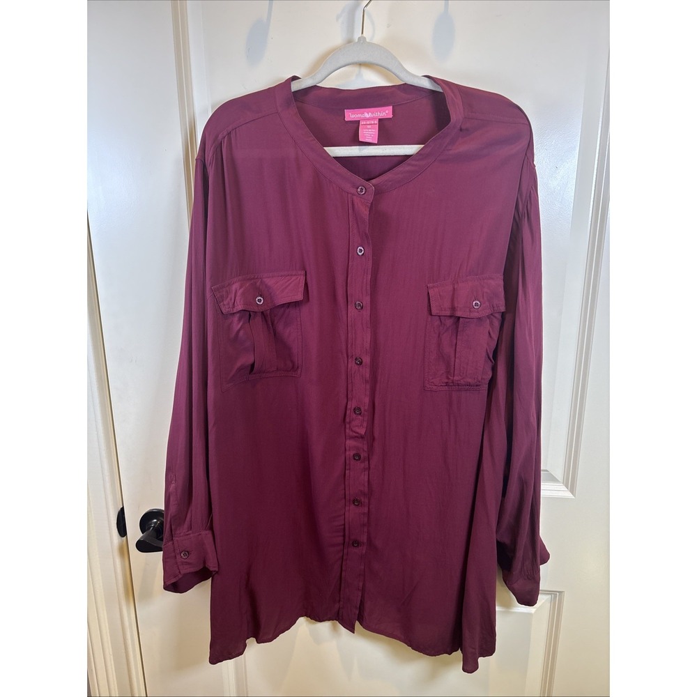 Woman Within Button Up Tunic Shirt Size 5X Maroon Long Sleeve Blouse